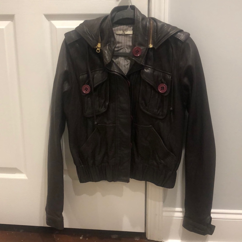 Mike & Chris Lambskin Leather Bomber Jacket w/ Hood M